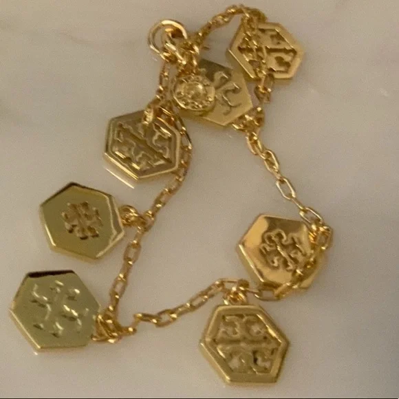 Tory Burch gold delicate hexagon logo charms bracelet - Picture 2 of 5